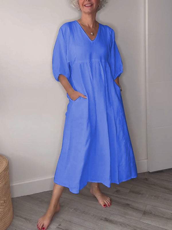 Maxikleid für Damen - Lockere Sommerkleid mit mit V-Ausschnitt