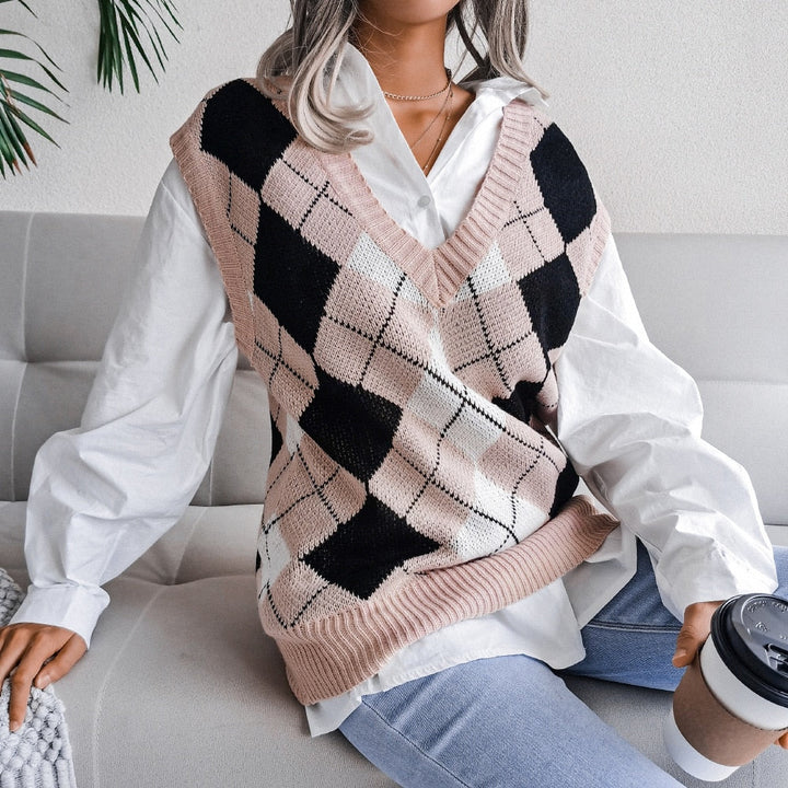 Pullunder für den Herbst - Karrierte Strickpullover mit V-Ausschnitt für Damen