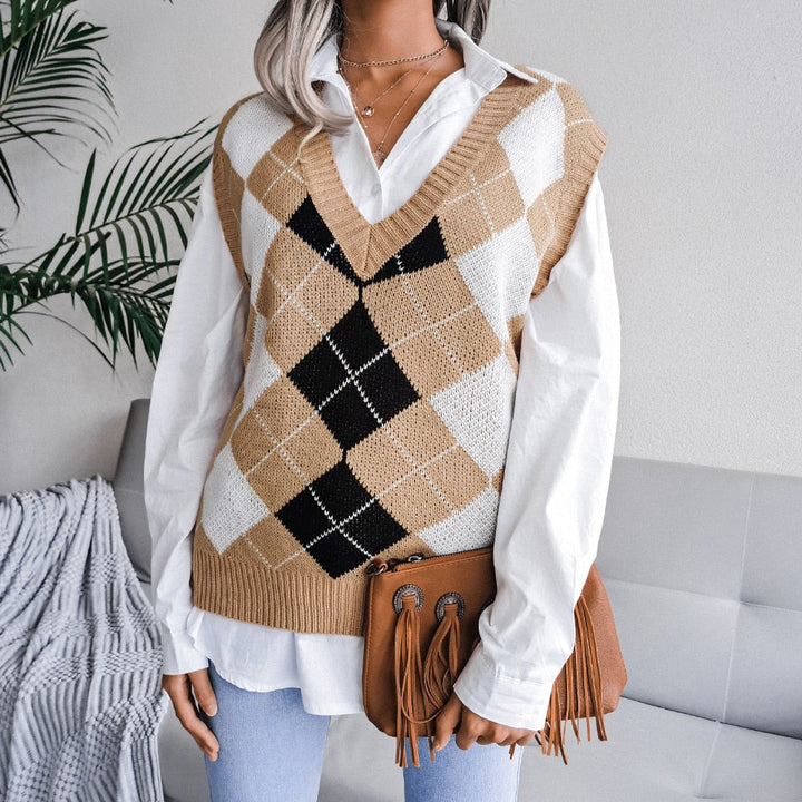 Pullunder für den Herbst - Karrierte Strickpullover mit V-Ausschnitt für Damen