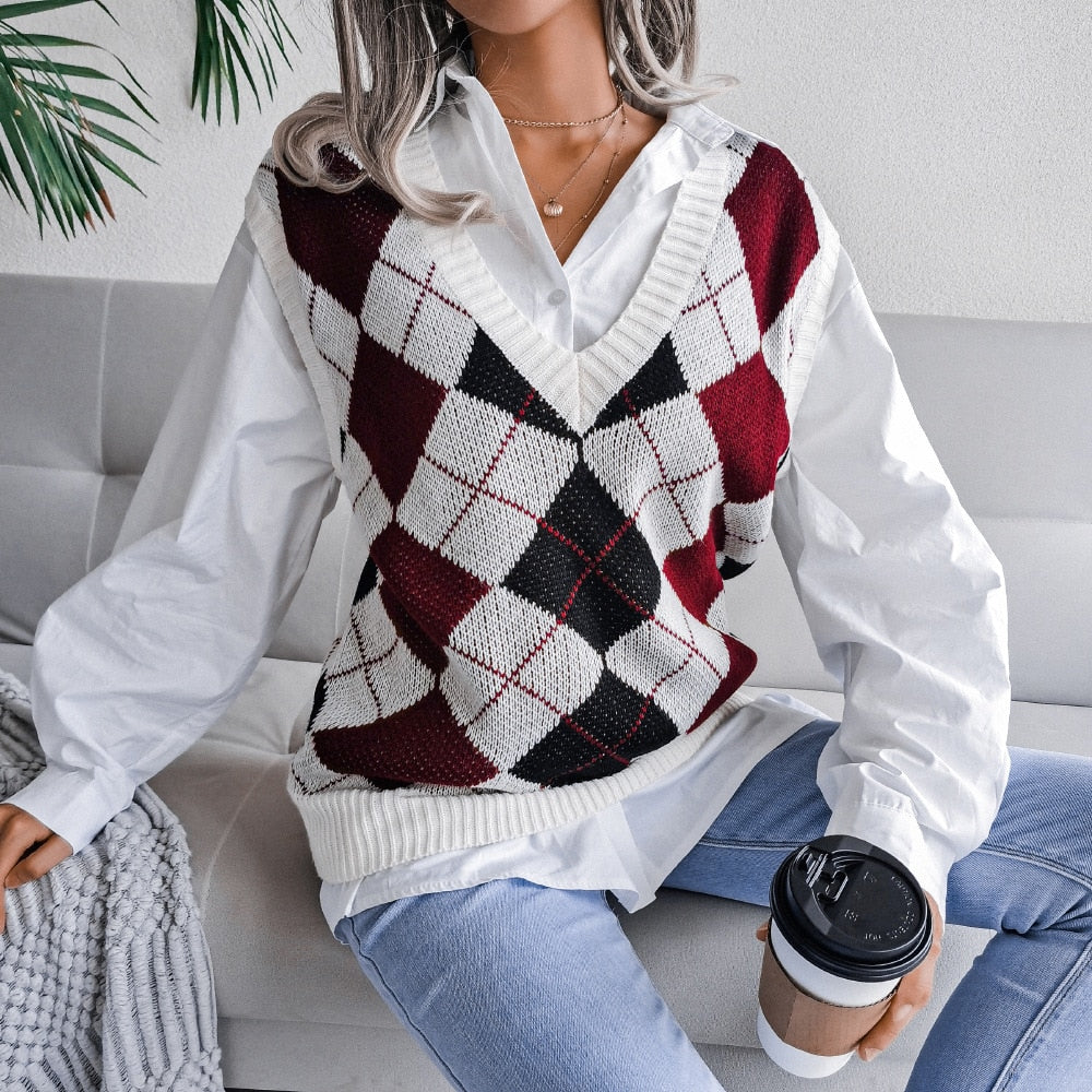 Pullunder für den Herbst - Karrierte Strickpullover mit V-Ausschnitt für Damen