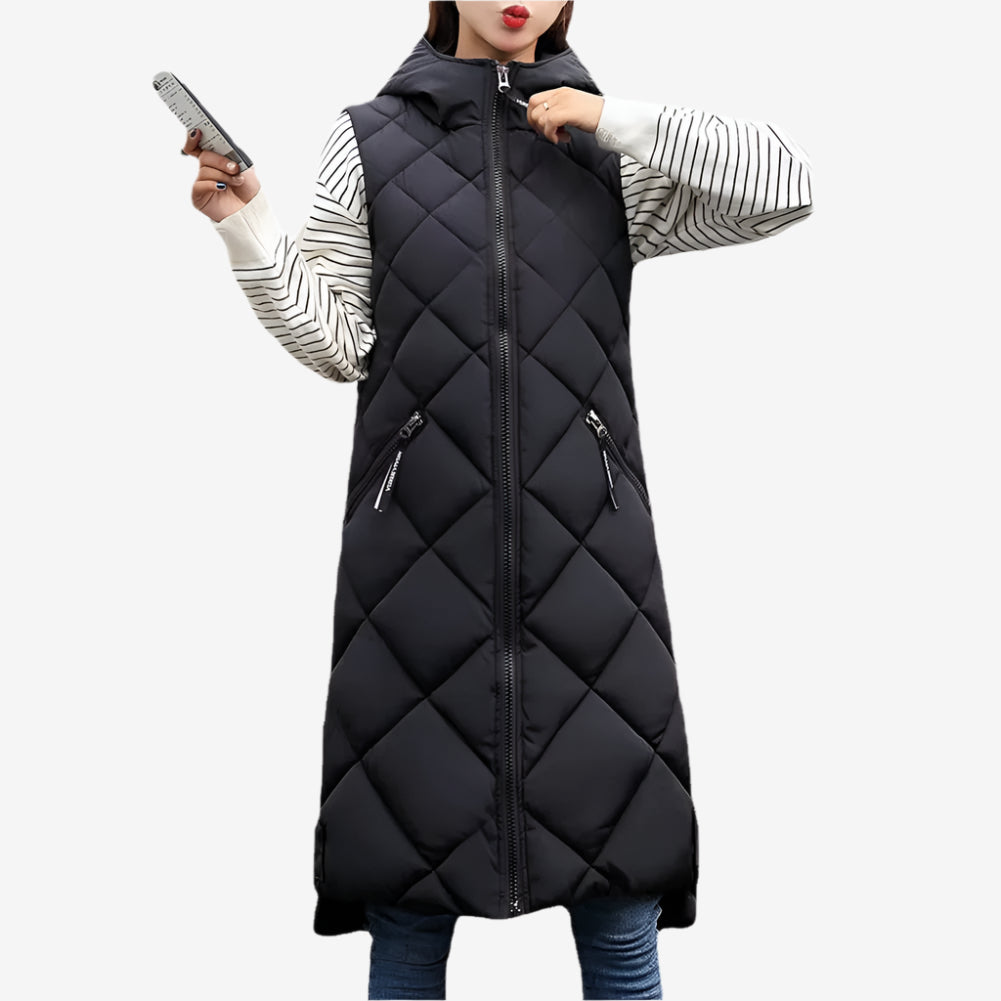 Steppweste für den Herbst - Elegante Knielange Daunenweste mit Kapuze für Damen