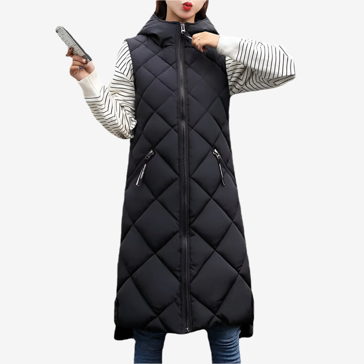 Steppweste für den Herbst - Elegante Knielange Daunenweste mit Kapuze für Damen