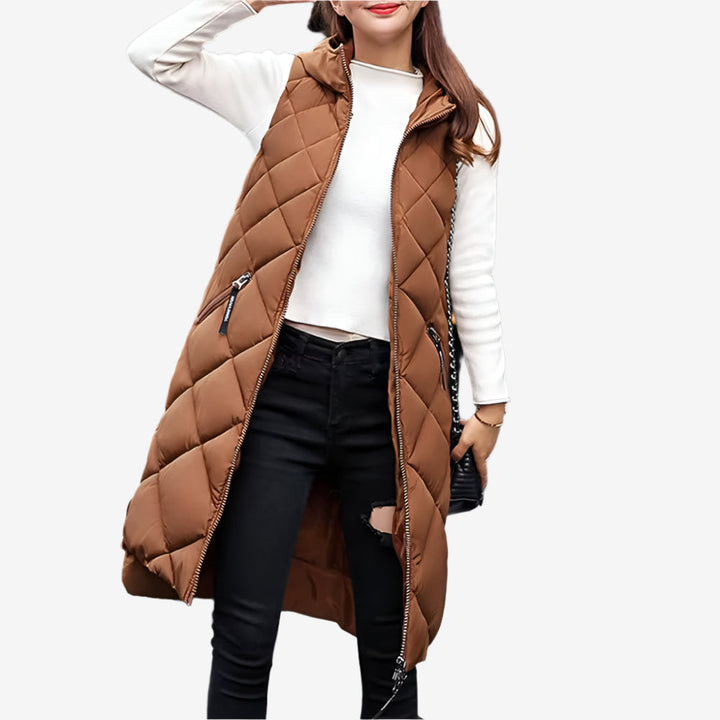 Steppweste für den Herbst - Elegante Knielange Daunenweste mit Kapuze für Damen