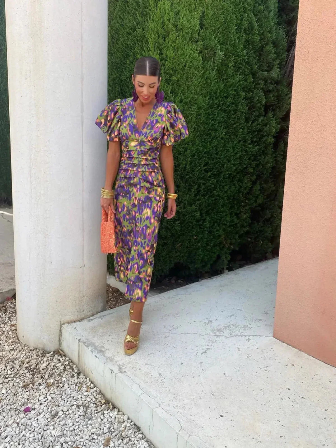 Abendkleid für Damen - Elegantes Wickelkleid mit Puffärmeln für Sommer