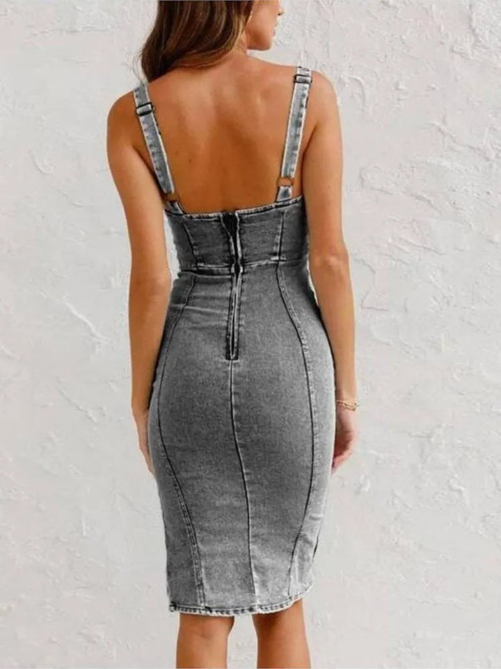 Olivia Jeanskleid | Figurbetontes Trägerkleid mit Schlitz