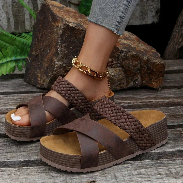 Tia Korksandalen | Damen Plateau Pantoletten mit Geflochtenem Riemen