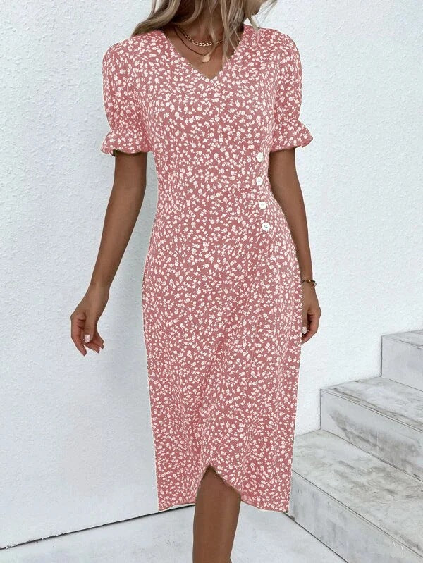 Sommerkleid - Luftiges Maxikleid mit V-Ausschnitt und Puffärmeln