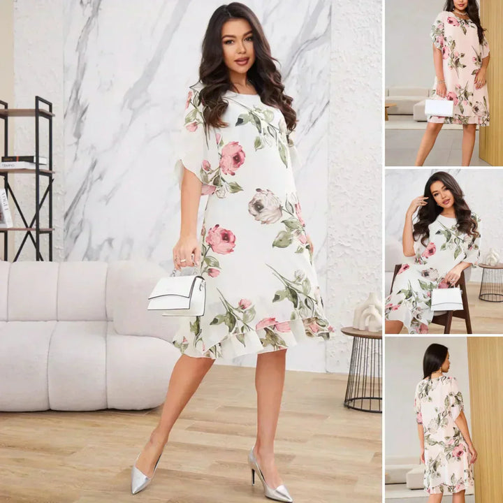 Sommerkleid für Damen - Elegantes Chiffon Midikleid mit Blumenmuster