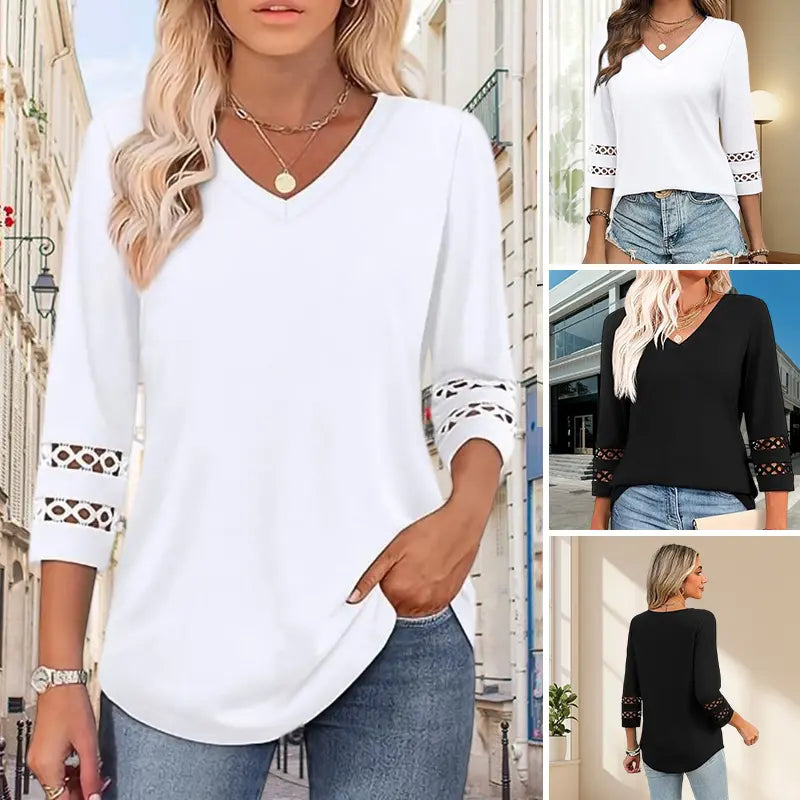 Pullover für Herbst & Winter - Langarm Shirt mit V-Ausschnitt und Spitzendetails für Damen