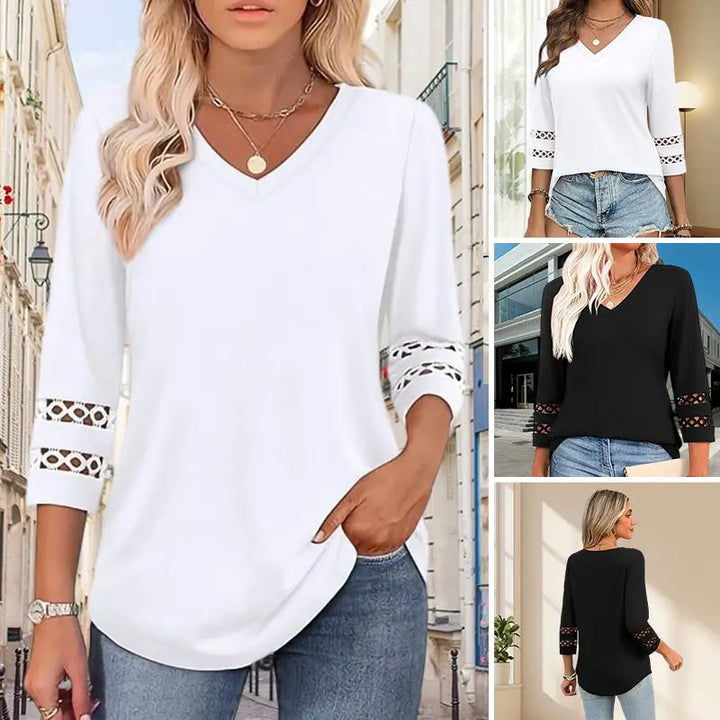 Pullover für Herbst & Winter - Langarm Shirt mit V-Ausschnitt und Spitzendetails für Damen