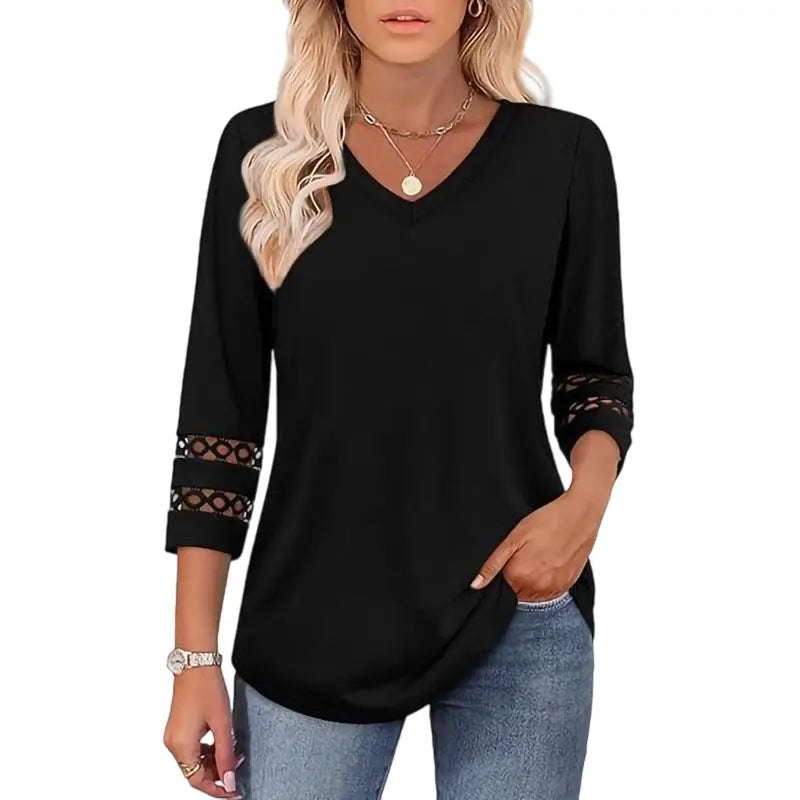 Pullover für Herbst & Winter - Langarm Shirt mit V-Ausschnitt und Spitzendetails für Damen