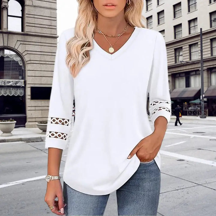 Pullover für Herbst & Winter - Langarm Shirt mit V-Ausschnitt und Spitzendetails für Damen