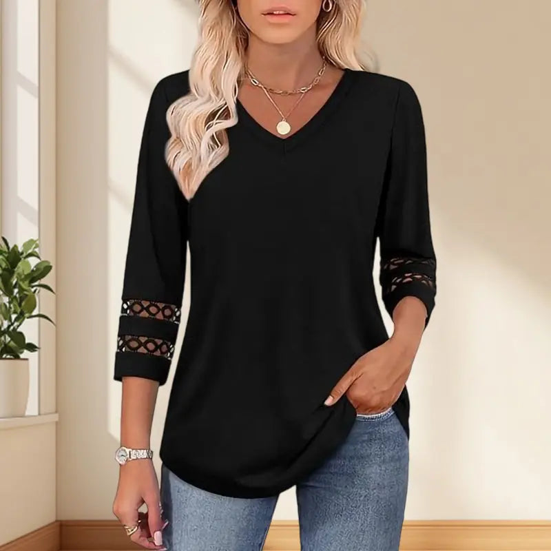 Pullover für Herbst & Winter - Langarm Shirt mit V-Ausschnitt und Spitzendetails für Damen