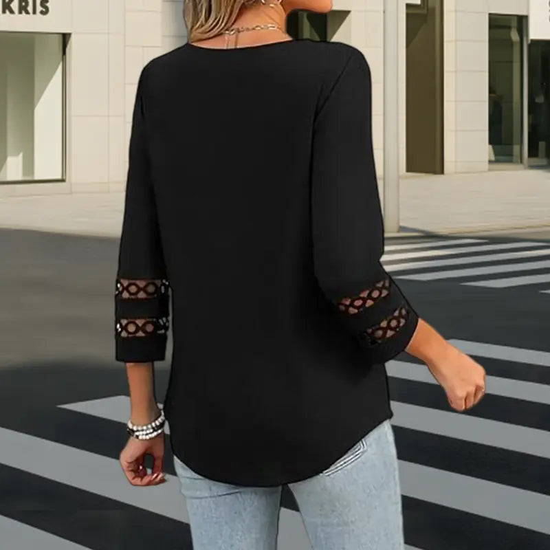 Pullover für Herbst & Winter - Langarm Shirt mit V-Ausschnitt und Spitzendetails für Damen