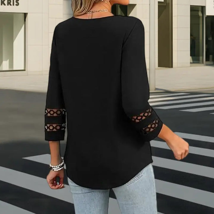 Pullover für Herbst & Winter - Langarm Shirt mit V-Ausschnitt und Spitzendetails für Damen
