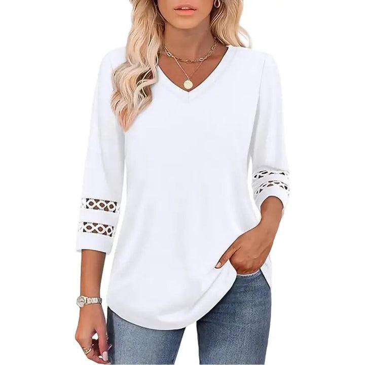 Pullover für Herbst & Winter - Langarm Shirt mit V-Ausschnitt und Spitzendetails für Damen