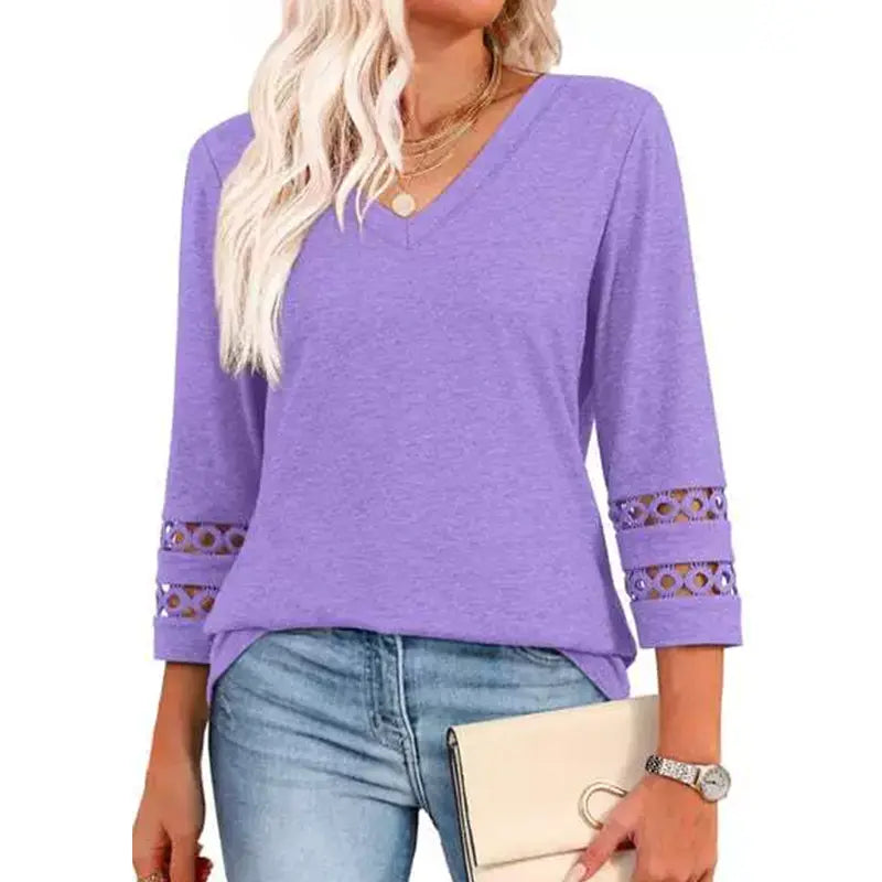 Pullover für Herbst & Winter - Langarm Shirt mit V-Ausschnitt und Spitzendetails für Damen