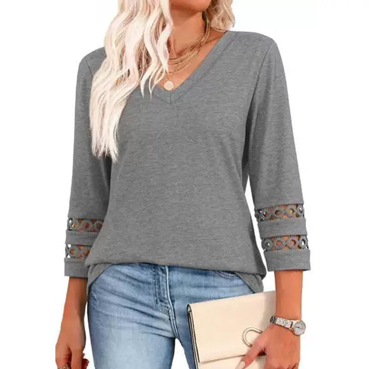 Pullover für Herbst & Winter - Langarm Shirt mit V-Ausschnitt und Spitzendetails für Damen