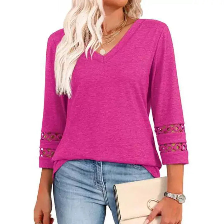 Pullover für Herbst & Winter - Langarm Shirt mit V-Ausschnitt und Spitzendetails für Damen