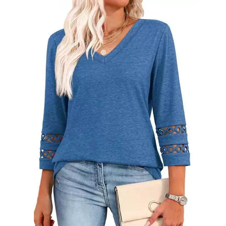 Pullover für Herbst & Winter - Langarm Shirt mit V-Ausschnitt und Spitzendetails für Damen