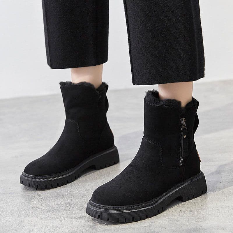 Schwarze Damen-Winterstiefel mit Reißverschluss, warm gefüttert, rutschfeste Sohle, modisch und bequem, ideal für kalte Tage.