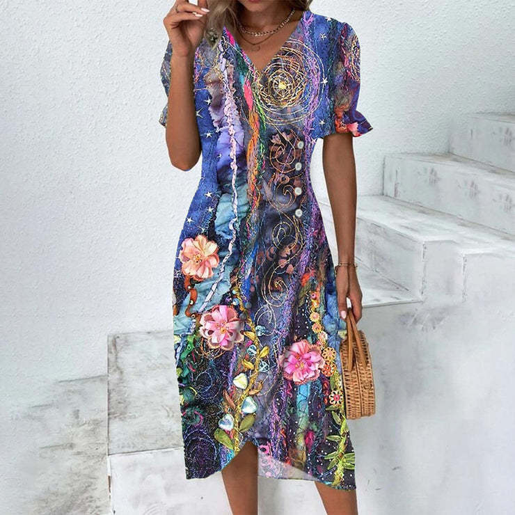 Sommerkleid - Luftiges Maxikleid mit V-Ausschnitt und Puffärmeln