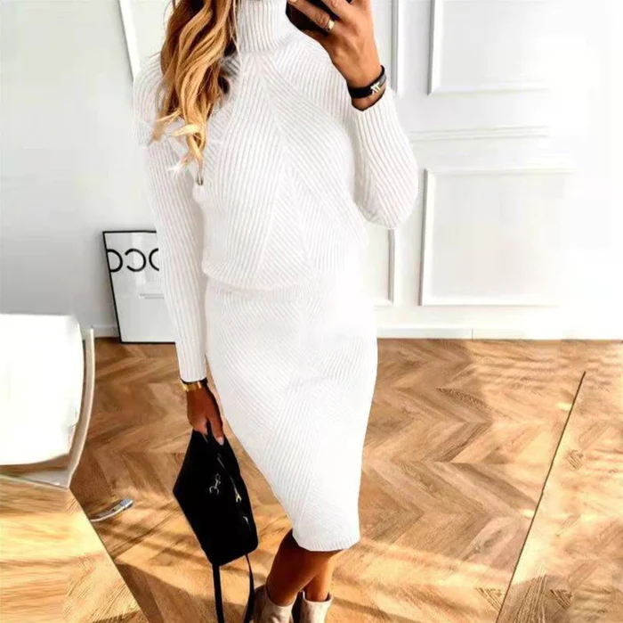 Zweiteiler Damen Strick-Set - Pullover mit Rollkragen & Midi-Rock - Elegant für Herbst/Winter